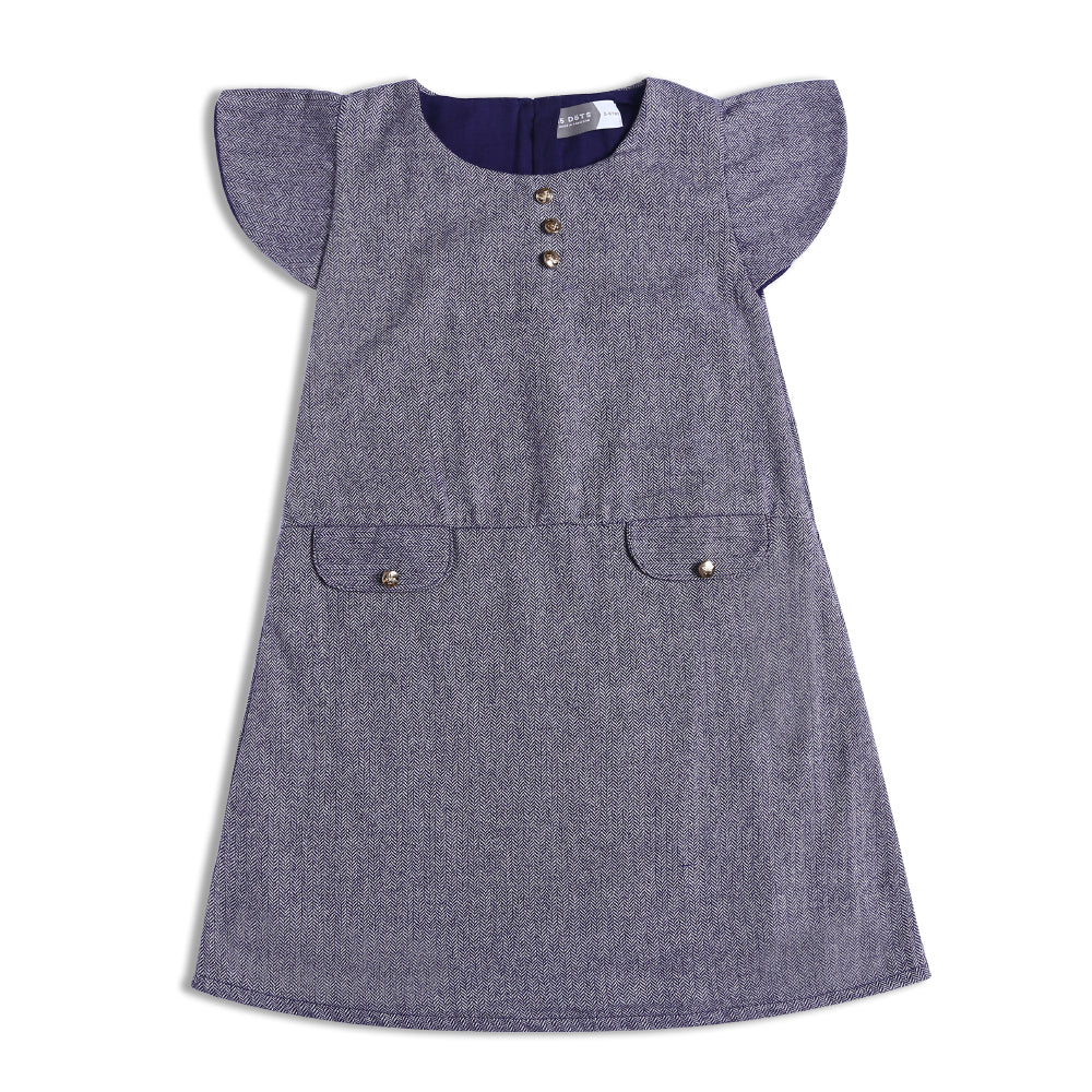 Girls Blue Tweed Dress with front Pockets