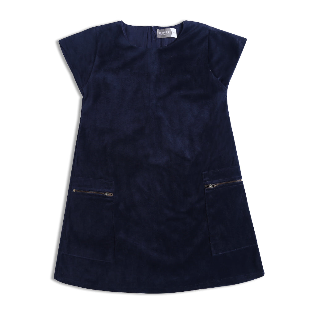 Girls Valvet Navy Dress with Zip Pockets